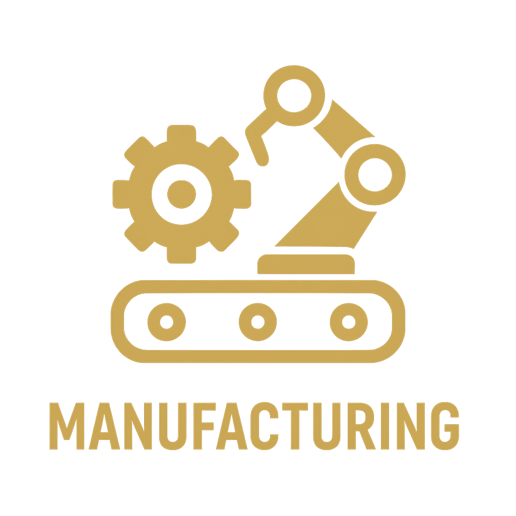 Simple icon logo of machinery and conveyor belt with text manufacturing in deep gold