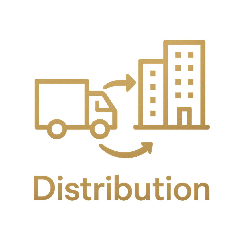 Simple icon logo of trucks going to buildings with text Distribution in gold-1