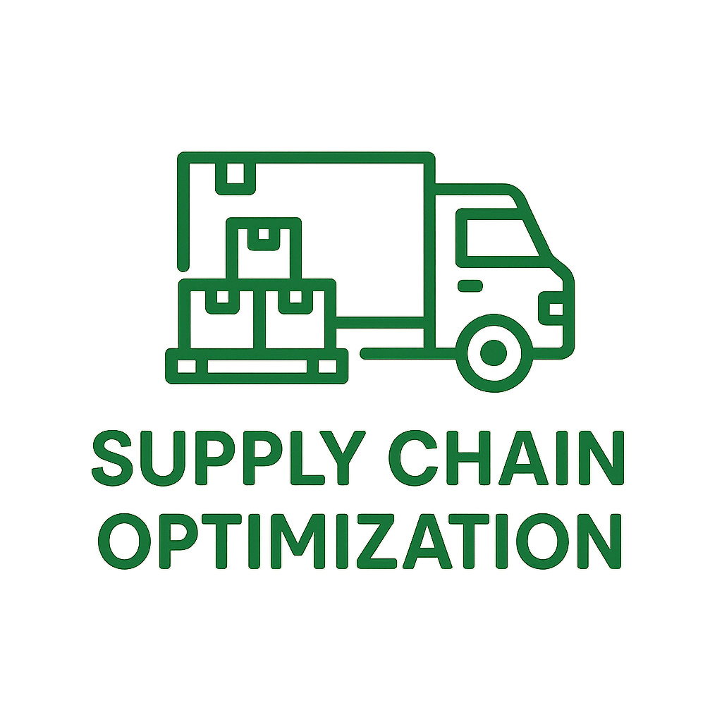 simple icon logo of truck and boxes with text Supply Chain Optimization in green-1